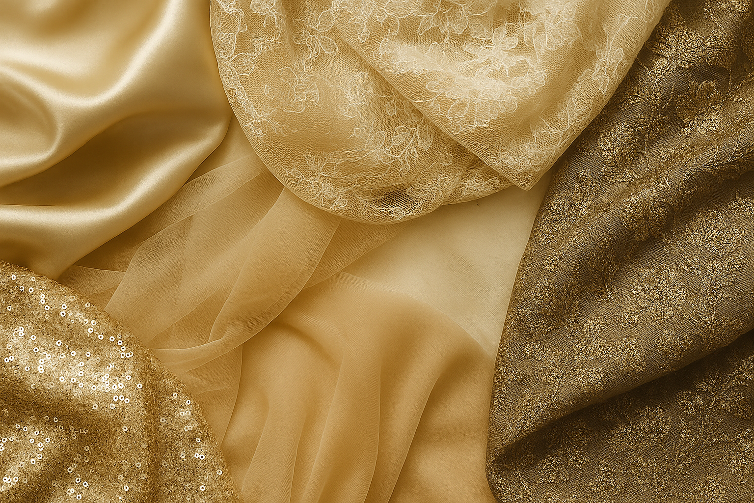 Nahaufnahme von vier luxuriösen Stoffarten – glänzender Satin, zarte Spitze, transparenter Tüll und glitzernder Paillettenstoff – kunstvoll drapiert in warmen Gold- und Cremetönen