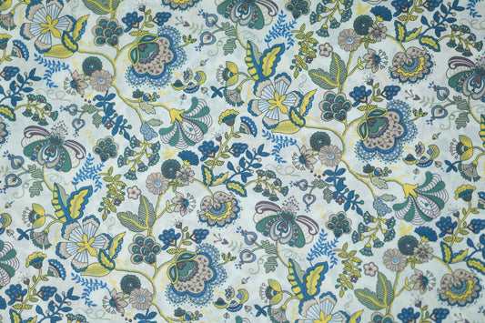 Baumwollstretch – Blumenornamente in Blau, Grün & Gelb – angenehm, flexibel und hochwertig verarbeitet