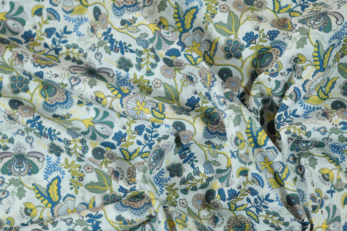 Baumwollstretch – Blumenornamente in Blau, Grün & Gelb – ideal für Mode, Accessoires & Dekoration