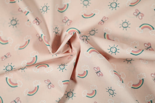 Elastischer Baumwollstoff Regenbogenfreude – Rosa mit weichem Griff