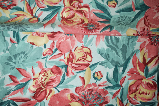 Viskosestoff â BlĂŒtenpracht in Koralle & TĂŒrkis â Viskosestoff mit Blumenmuster â weich und ideal fĂŒr sommerliche Kleidung â Detailansicht