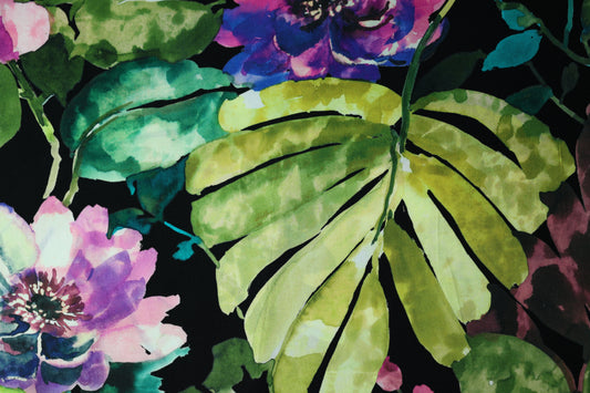 Bunter Viskose: TropenblĂ€tter mit AquarellblĂŒten â perfekt fĂŒr Blusen, Röcke und Accessoires