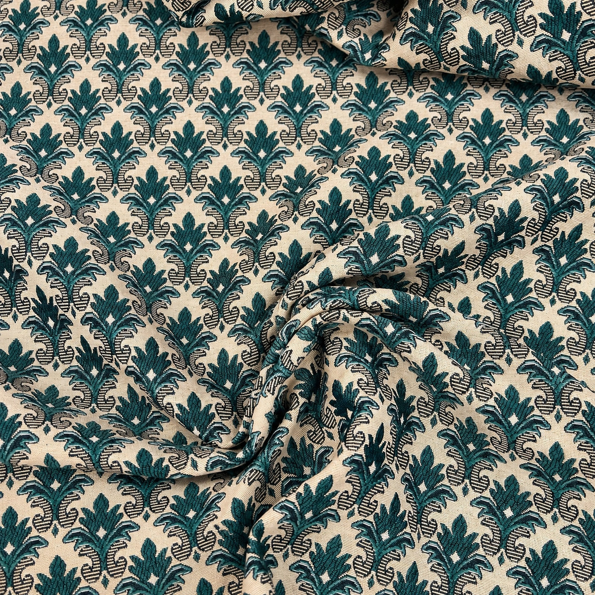 Gobelin Jacquard mit Barock-Ornament in Dunkelgrün auf Beige