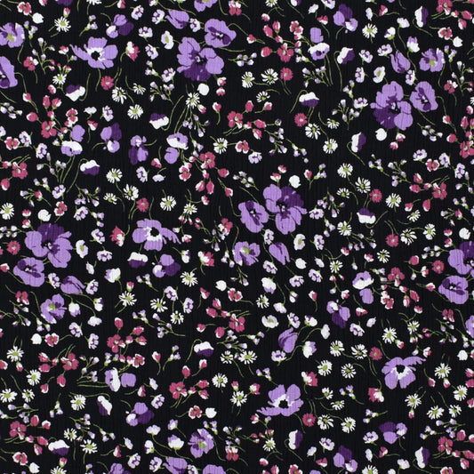 Viskose Krepp Blumen Lila – Leichter Stoff für Blusen & Kleider
