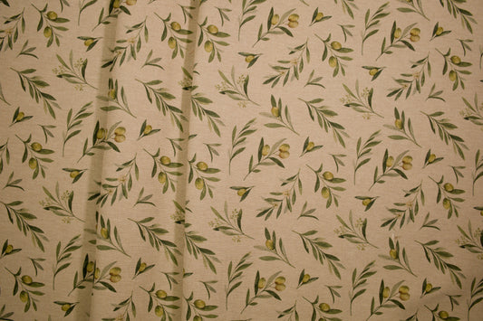 Baumwollmischgewebe mit Olivenzweigen auf naturfarbenem Grund