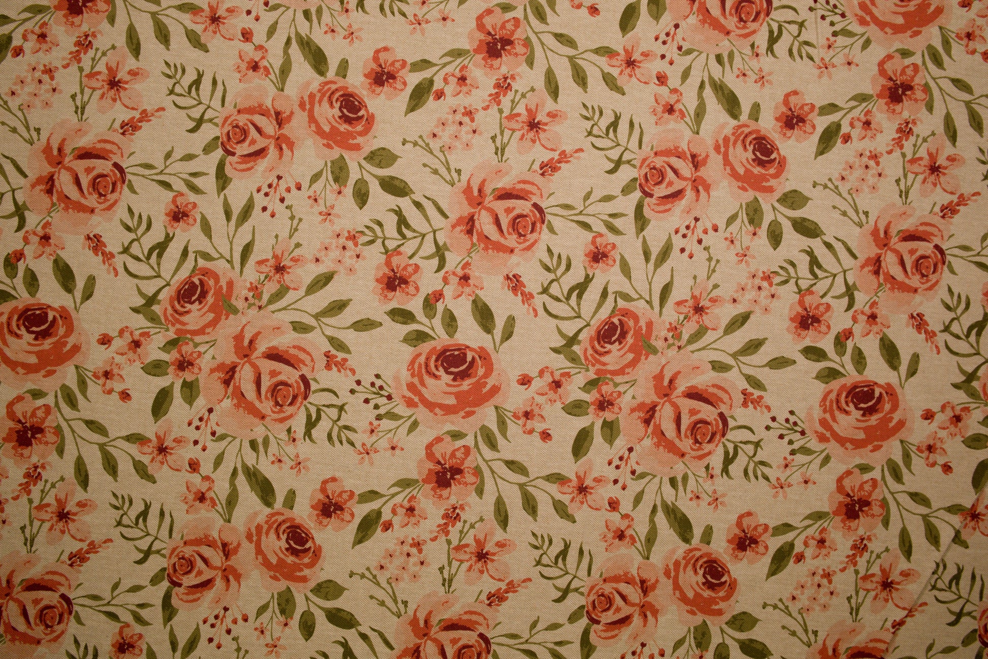 Detailansicht Baumwollmischgewebe mit Rosen und Blättern