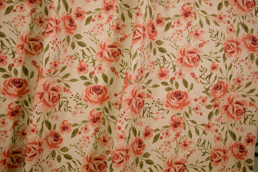 Baumwollmischstoff mit Rosenmotiv auf naturfarbigem Grund