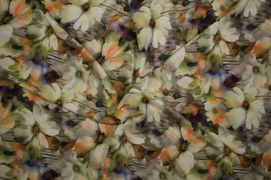 Viskosestoff mit Aquarellblumen in Grün- und Orangetönen – Gesamtansicht