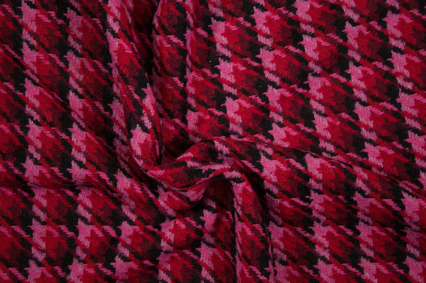 Wollmix Hahnentritt Stoff in Rot und Pink – warmer Mantelstoff mit klassischem Muster
