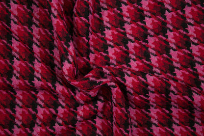 Wollmix Hahnentritt Stoff in Rot und Pink – warmer Mantelstoff mit klassischem Muster