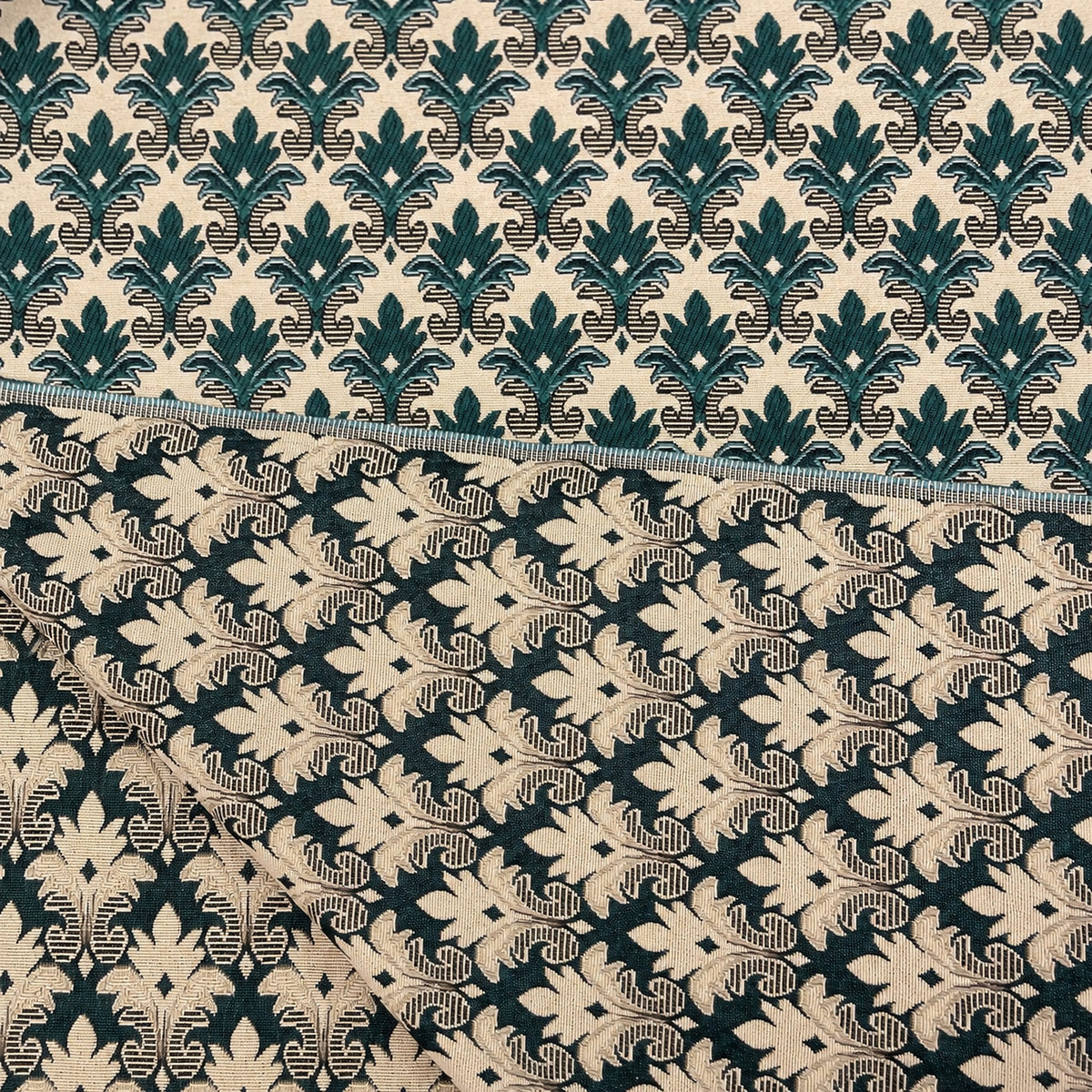 Gobelin Jacquard mit Barock-Ornament in Dunkelgrün auf Beige