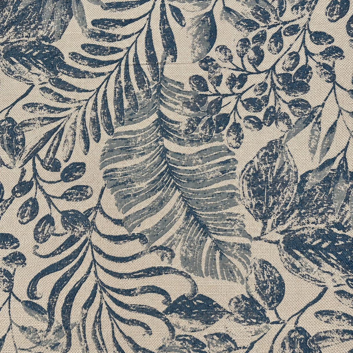 Jacquard Möbelstoff mit Blättermuster in Taubenblau, Leinenoptik