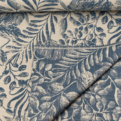 Jacquard Möbelstoff mit Blättermuster in Taubenblau, Leinenoptik