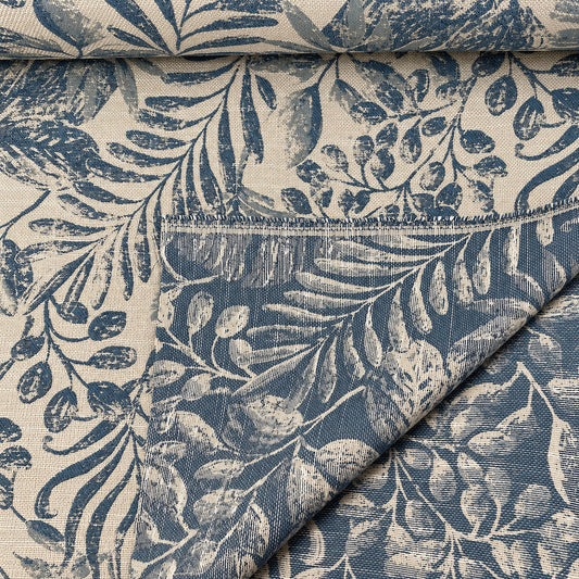 Jacquard Möbelstoff mit Blättermuster in Taubenblau, Leinenoptik