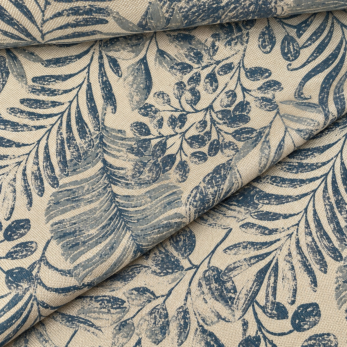 Jacquard Möbelstoff mit Blättermuster in Taubenblau, Leinenoptik