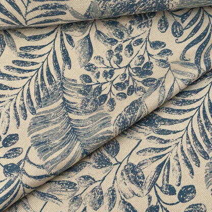 Jacquard Möbelstoff mit Blättermuster in Taubenblau, Leinenoptik