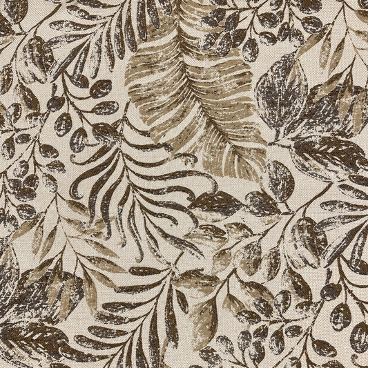 Jacquard Möbelstoff mit Blättermuster in Braun und Khaki, Leinenoptik