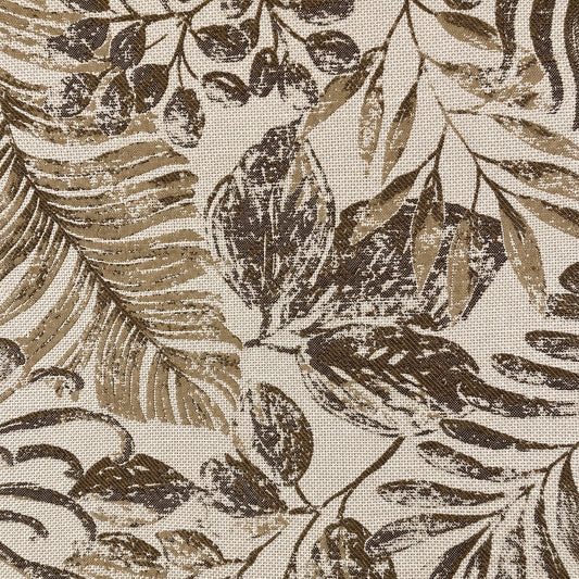 Jacquard Möbelstoff mit Blättermuster in Braun und Khaki, Leinenoptik