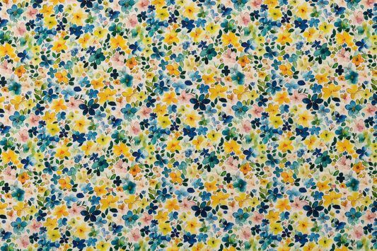 Floraler Voile Stoff mehrfarbig mit feinem digitalem Druck in Blau Gelb und Grün