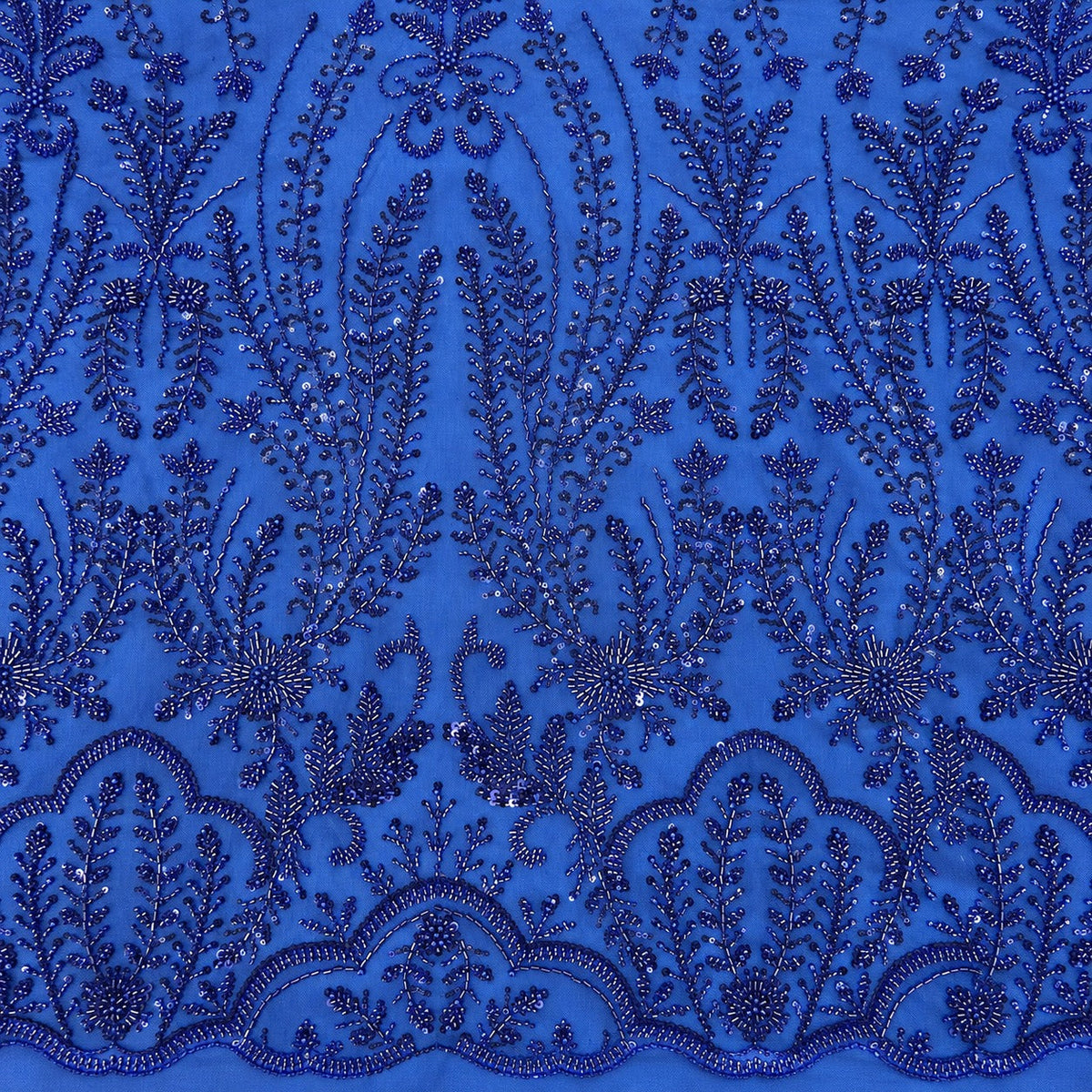 Perlen-Damastspitze Royalblau auf blauem Tüll – Stoffeya
