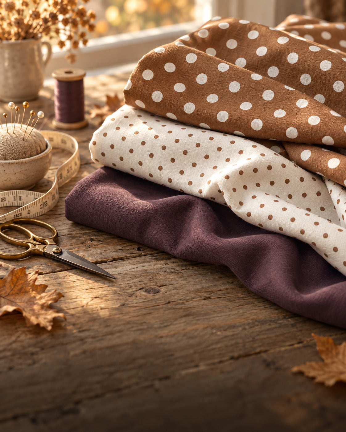 Herbststoffe von Stoffeya: Baumwolle mit Punkten in Braun und Creme und uni Stoff in Pflaume auf einem Holztisch